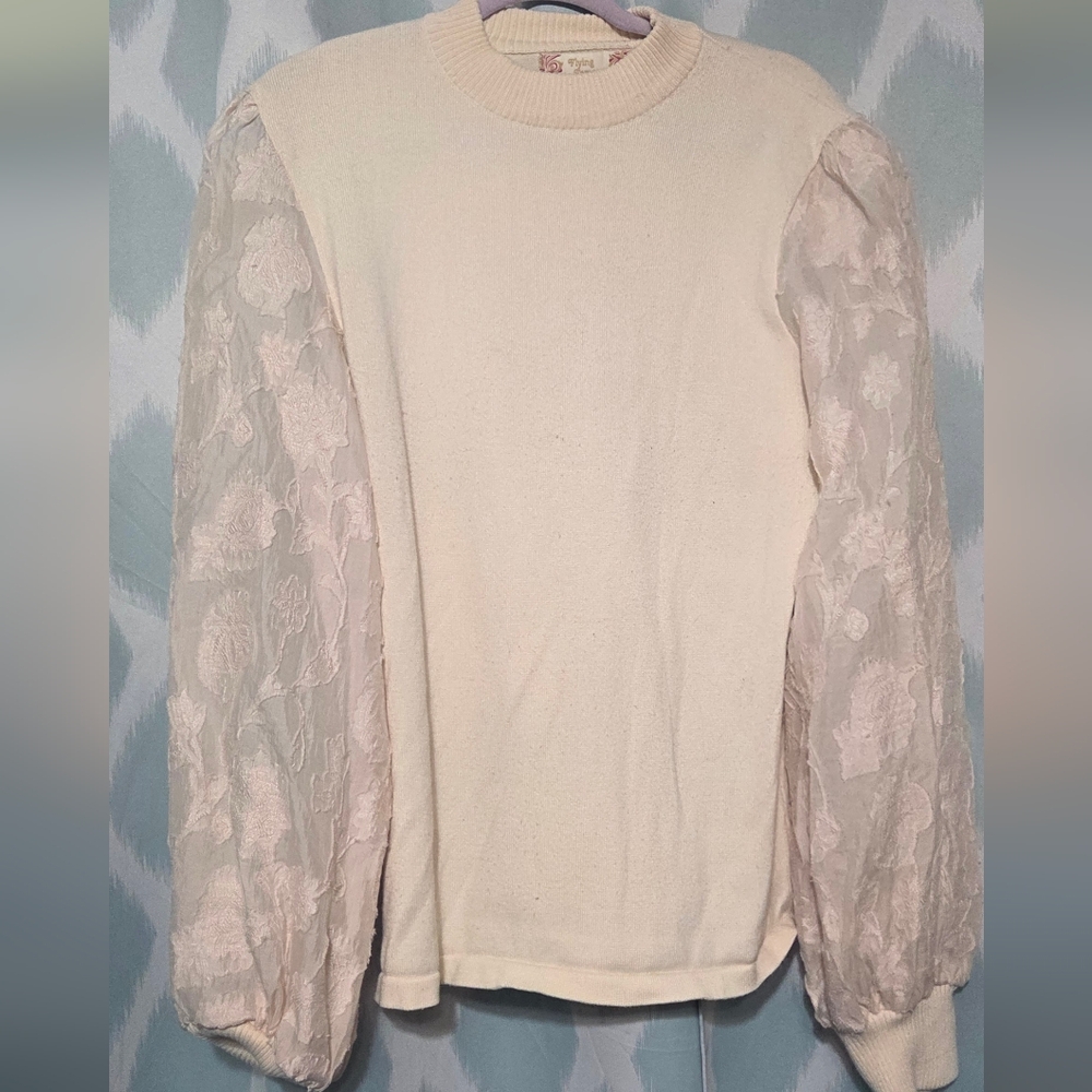 Flying Tomato Cream Sweater with Sheer Floral Balloon Sleeves